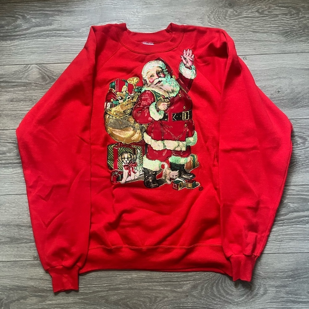 Hanes Activewear Red Homemade Santa Glitter Screen Print Christmas Sweatshirt XL